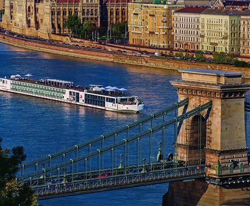 River ship by the Chain Bridge in Budapest